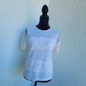 Express Top Women White Nylon Keyhole Short Sleeve Crew Neck Lace Shirt Stretc S